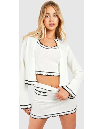 Boohoo Contrast Stitch 3 Piece Knitted Cardigan, Crop Top And Mini Skirt Set - White