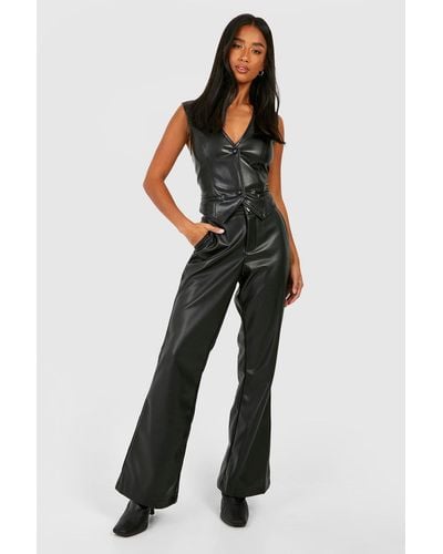 Boohoo Petite Leather Look High Waisted Flared Pants - Black