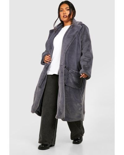 Boohoo Plus Faux Fur Longline Overcoat - Blue