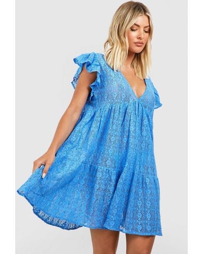 Boohoo Lace Ruffle Plunge Beach Mini Dress - Blue