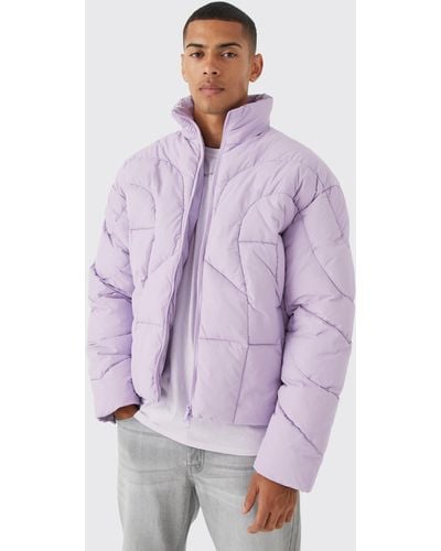BoohooMAN Curved Panel Funnel Neck Puffer - Purple