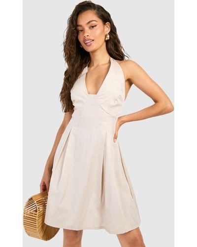 Boohoo Cotton Tie Shoulder Pleated Skater Dress - White