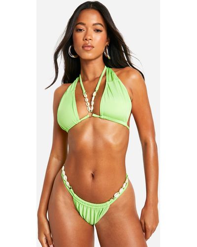Boohoo Shell Trim Ruched Tanga Bikini Brief - Green