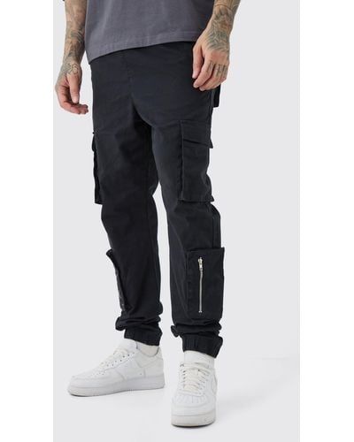 BoohooMAN Tall Multi Cargo Pocket Cuffed Pants - Black