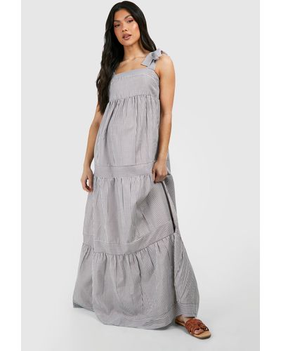 Boohoo Maternity Tie Shoulder Woven Stripe Maxi Dress - Gray