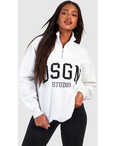 Boohoo Dsgn Studio Applique Half Zip Oversized Sweatshirt - White