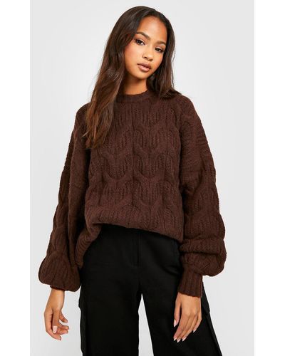 Boohoo Fluffy Cable Knit Crew Neck Sweater - Brown