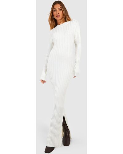 Boohoo High Neck Rib Knitted Maxi Dress - White