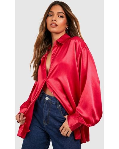 Boohoo Camisa Oversize De Raso Texturizada - Rojo