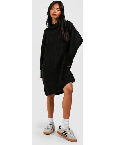 Boohoo Turn Up Cuff Roll Neck Mini Sweater Dress - Black