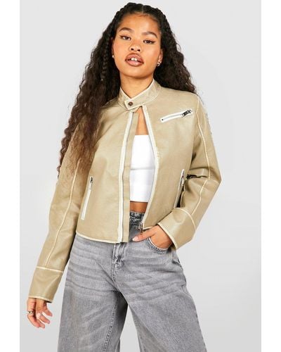 Boohoo Petite Fitted Moto Vintage Look Faux Leather Jacket - White