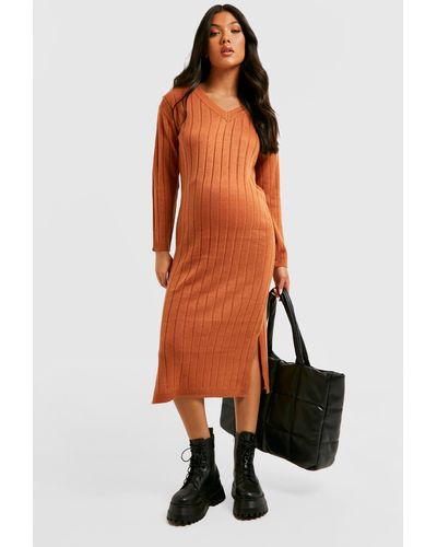 Boohoo Maternity V Neck Slouchy Knitted Midi Dress - Orange