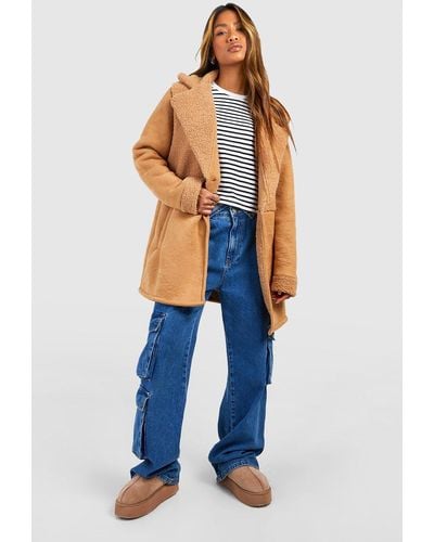 Boohoo Teddy And Suede Look Mix Coat - Blue