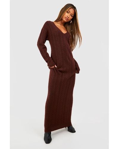 Boohoo Cable Knit V Neck Maxi Sweater Dress - Brown