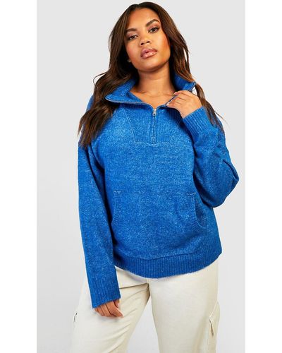 Boohoo Plus Zip Collared Polo Sweater - Blue