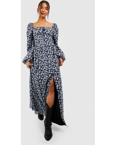 Boohoo Floral Puff Sleeve Rouched Bust Maxi Milkmaid Dress - Blue