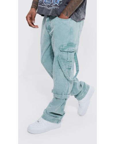 Boohoo Relaxed Strap Detail Acid Wash Cord Pants - Blue