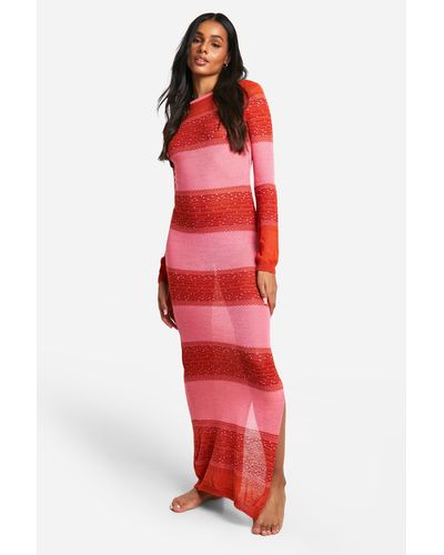 Boohoo Tall Crochet Beach Striped Maxi Dress - Red