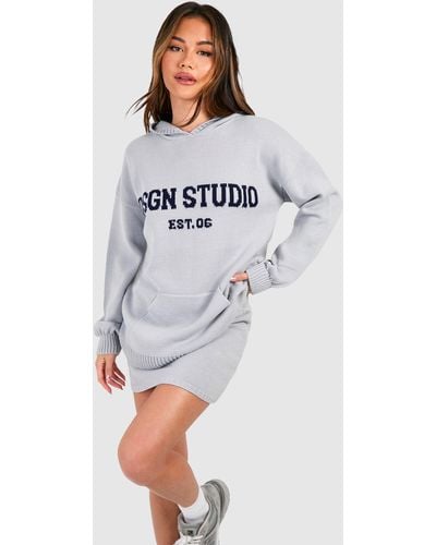 Boohoo Dsgn Studio Oversized Hoody And Mini Skirt Knitted Set - Gray
