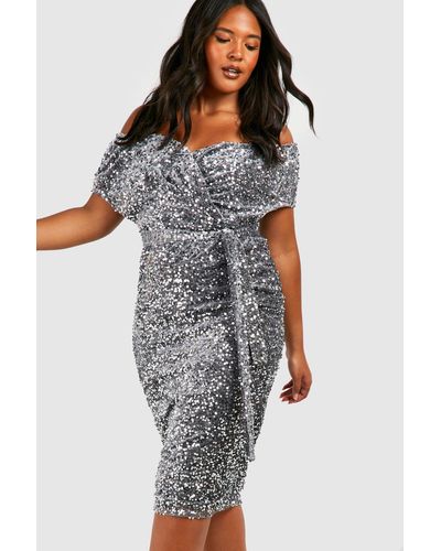 Boohoo Plus Sequin Off The Shoulder Wrap Midi Dress - Gray