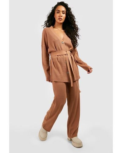 Boohoo Knitted Cardigan & Wide Leg Pants Two-piece - Natural