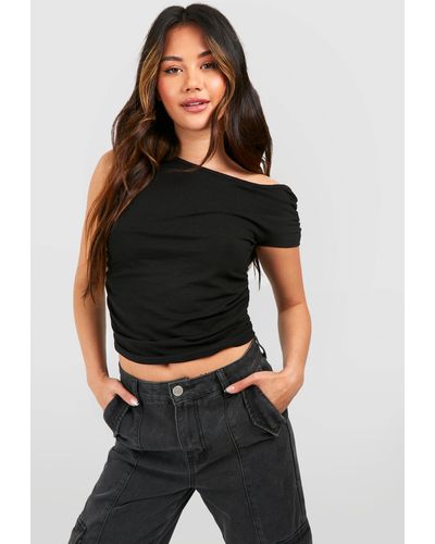 Boohoo Premium Super Soft Ruched One Shoulder Drape Top - Black