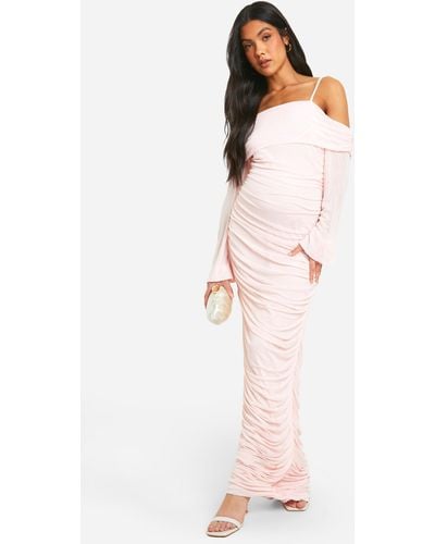 Boohoo Maternity Cold Shoulder Mesh Bodycon Maxi Dress - Pink