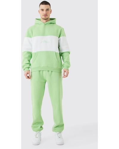 BoohooMAN Tall Colour Block Man Hooded Tracksuit In Sage - Grün