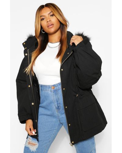 Boohoo Parka Plus Con Capucha Y Forro De Pelo Sintético - Negro