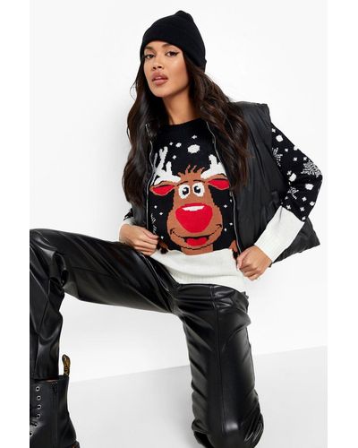 Boohoo Contrast Hem Reindeer Christmas Sweater - Black