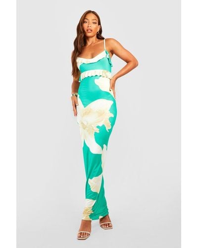 Boohoo Tall Large Floral Ruffle Strappy Maxi Dress - Blue