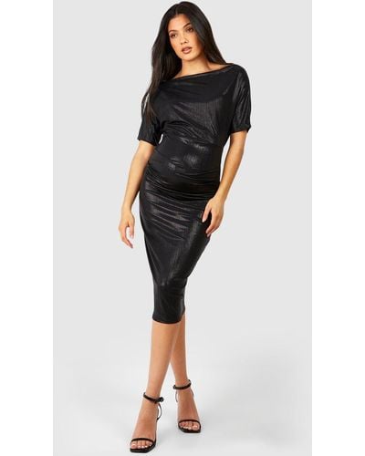 Boohoo Maternity Pleated Metallic Slash Neck Midi Dress - Black