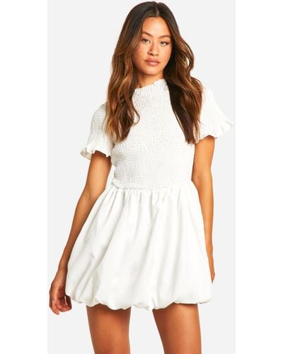 Boohoo Tall Shirred Short Sleeve Puffball Mini Dress - White