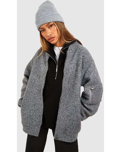Boohoo Oversized Boucle Wool Look Bomber Jacket - Gray