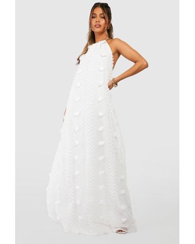 Boohoo Vestido Maxi Texturizado De Malla Dobby Con Escote Halter - Blanco