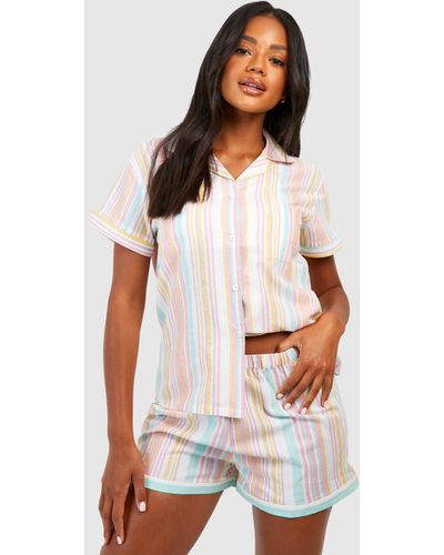 Boohoo Cotton Stripe Pajama Shirt & Short Set - White