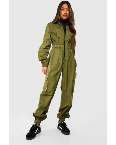 Boohoo Zip Up Cargo Utility Shell Jumpsuit - Green