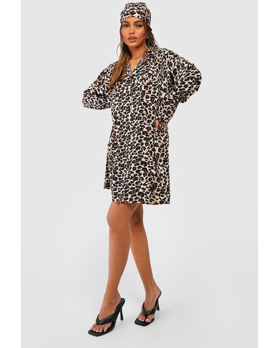 Boohoo Leopard Print Shirt Dress With Headscarf - Brown