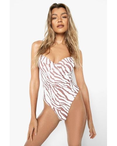 Boohoo Tiger Underwired Strappy Swimsuit - White