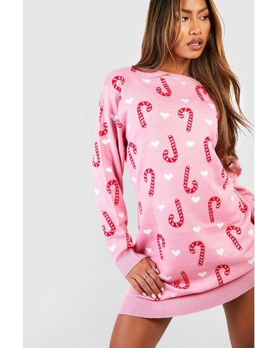 Boohoo All Over Candy Cane Christmas Sweater Dress - Pink