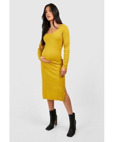 Boohoo Maternity Split Knitted Midi Dress - Yellow