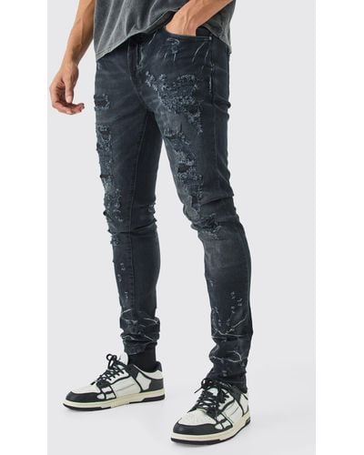 Boohoo Skinny Stretch Multi Rip Jeans In Washed Black - Blue