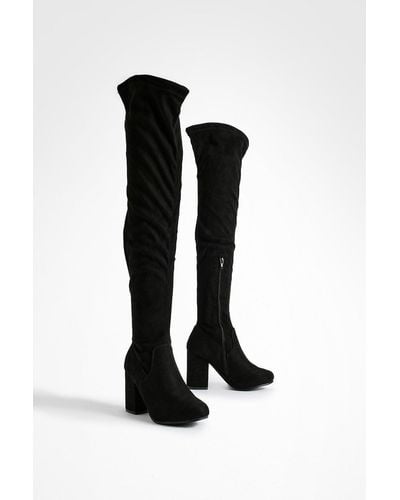 Boohoo Wide Fit Stretch Block Heel Over The Knee Boots - Black