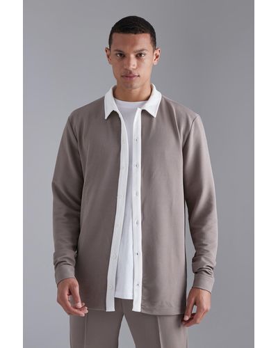 BoohooMAN Tall Long Sleeve Jersey Textured Shirt - Gray