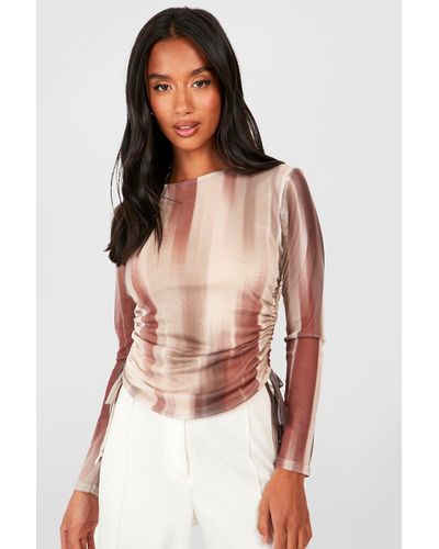 Boohoo Petite Abstract Mesh Ruched Side Top - Natural