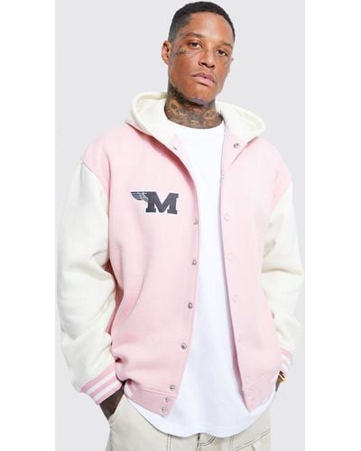 Boohoo Oversized Hooded Varsity Jersey Jacket - Pink