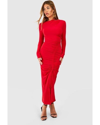 Boohoo Double Slinky Long Sleeve Ruched Midi Dress - Red