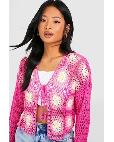 Boohoo Petite Patchwork Crochet Tie Front Cardigan - Pink