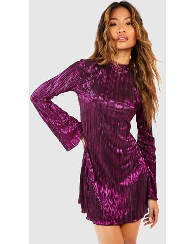 Boohoo Metallic Plisse Flare Sleeve Shift Dress - Purple