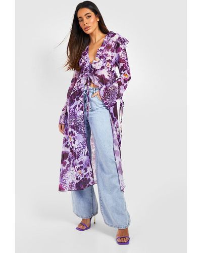 Boohoo Floral Print Frill Kimono - Purple